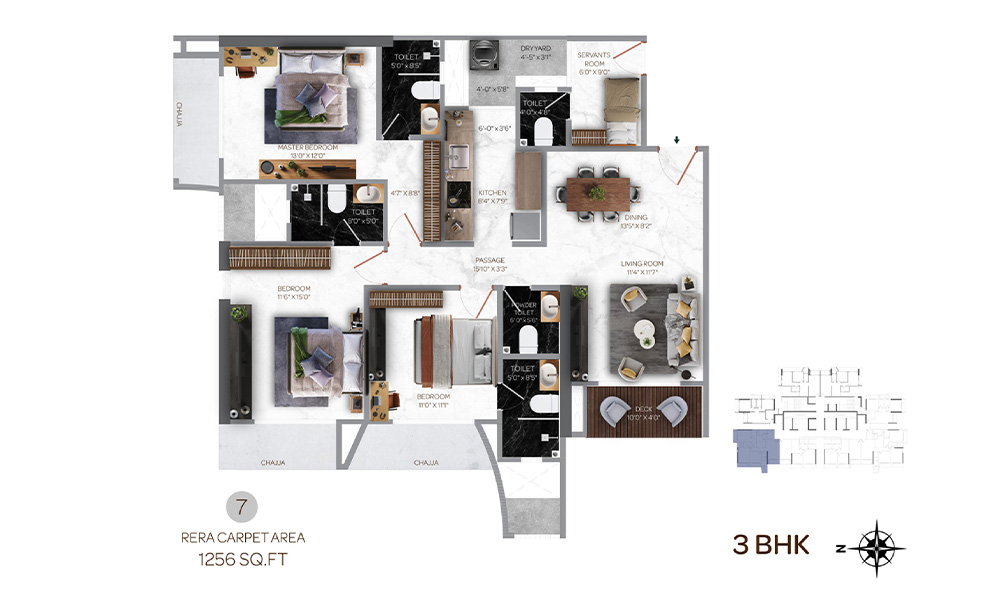 3 BHK floor plan - Avhad Bayline Residences, Mahim West